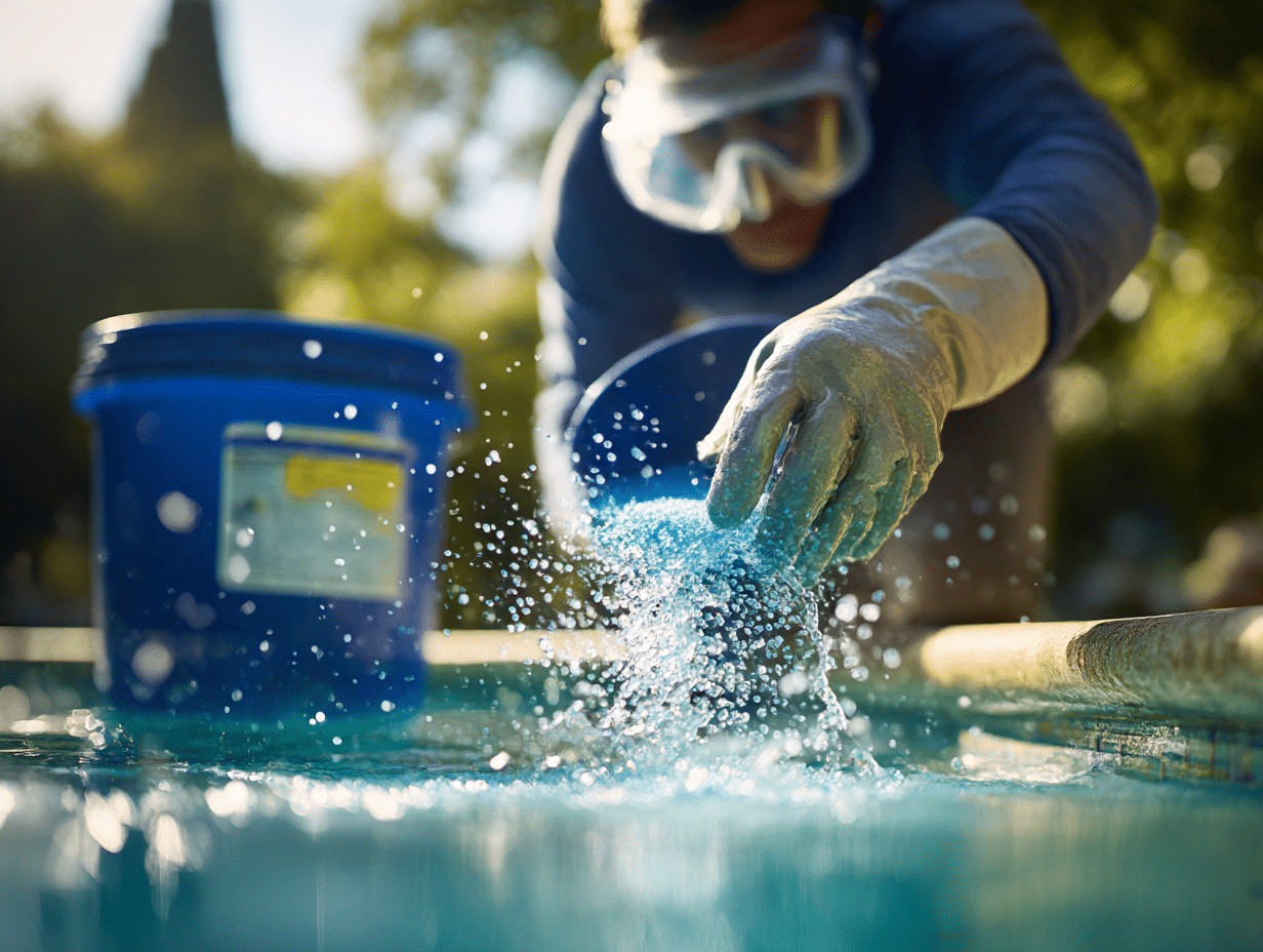 Homme versant chlore choc dans piscine